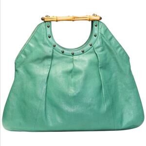 GUCCI Tom Ford Era Leather Green Turquoise Tote Bag Hobo Bamboo Handle